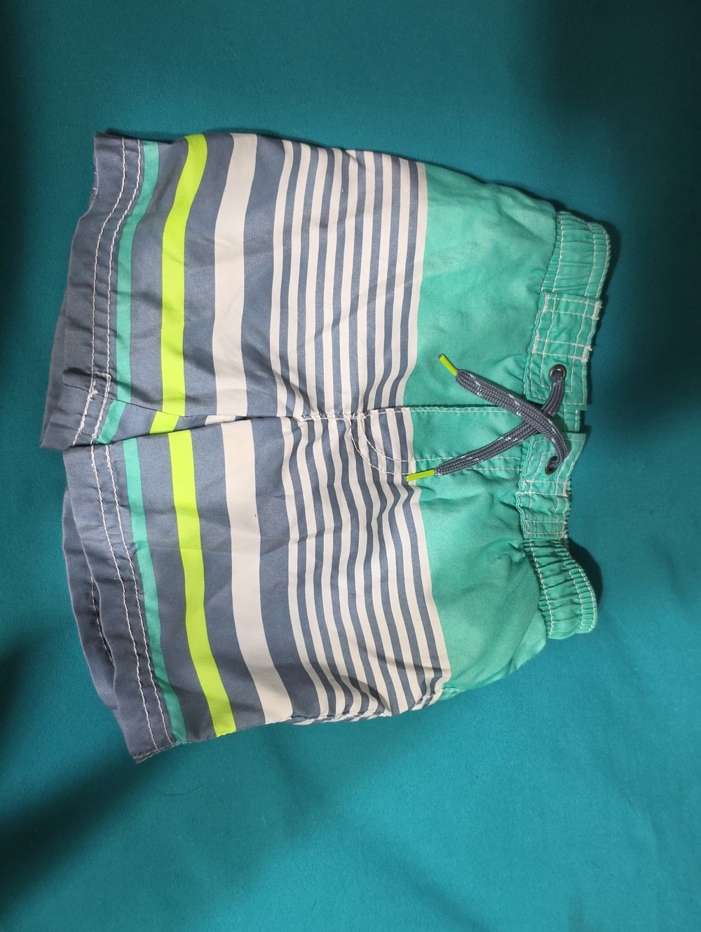Boys Striped Swim Shorts in Teal and Gray